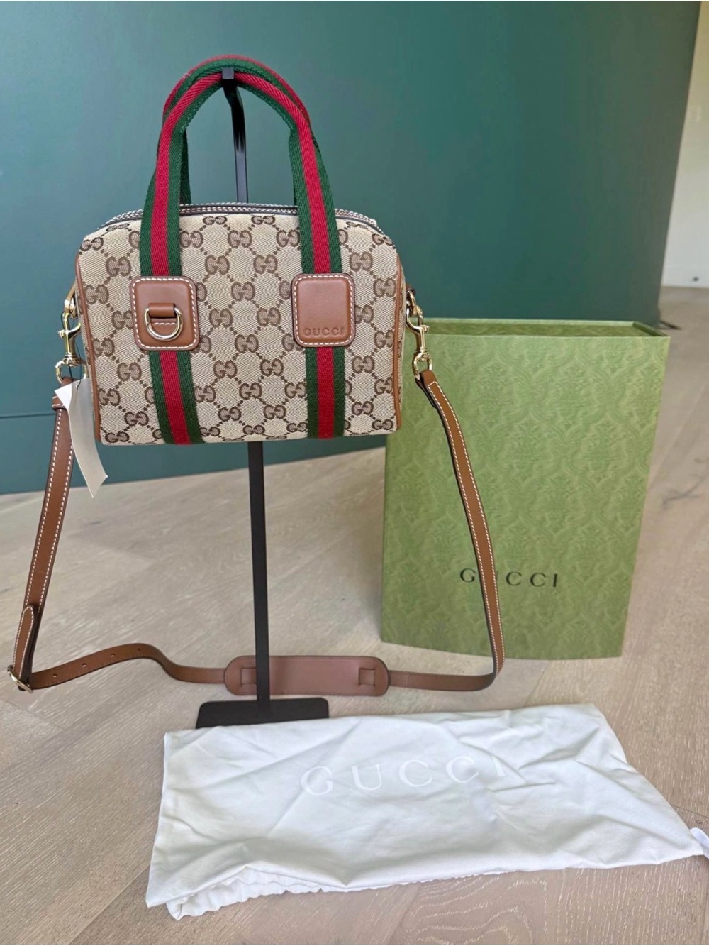 Gucci Beige GG Supreme Mini Top Handle Bag with Green & Red Web